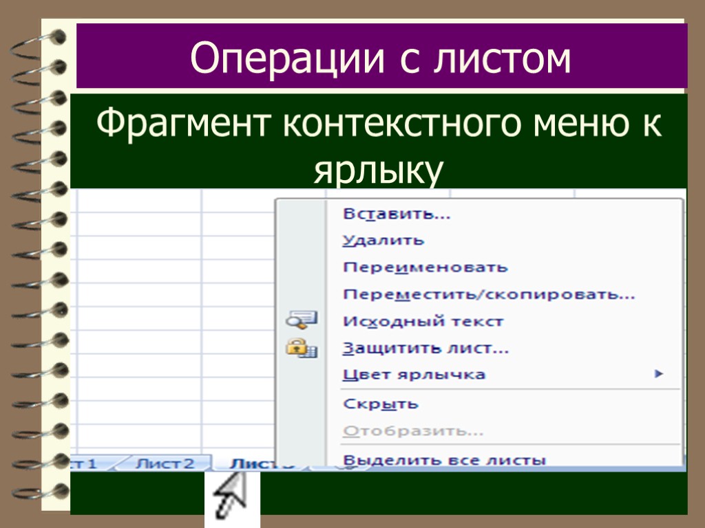 Операции с листом Фрагмент контекстного меню к ярлыку